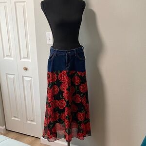 Old Navy Denim and Red Floral Maxi Skirt